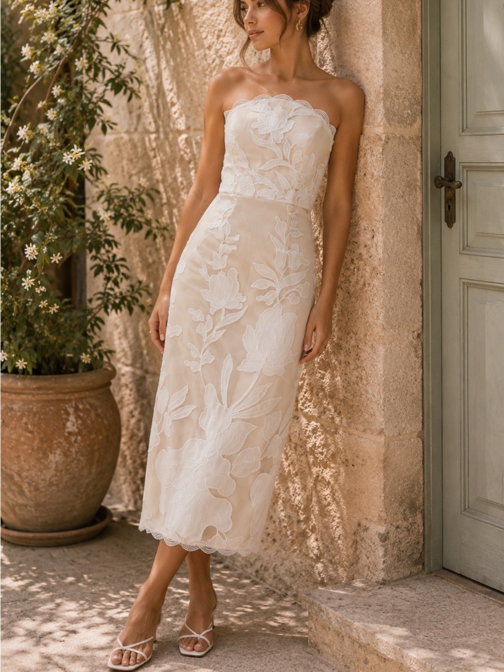 Elliatt Flor Dress Strapless Cocktail Midi in Ivory